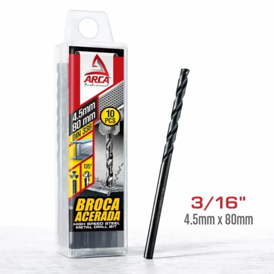 Broca Acerada Hss Din 338 3/16 4.5mm X 80mm por 10 Unds Arca